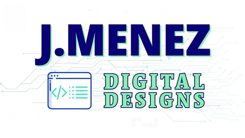 Blue J. Menez Designs text and digital laptop icon overlaid on a technical circuit board pattern.