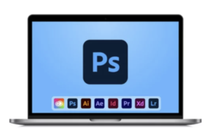 laptop screen displaying the Adobe Photoshop icon