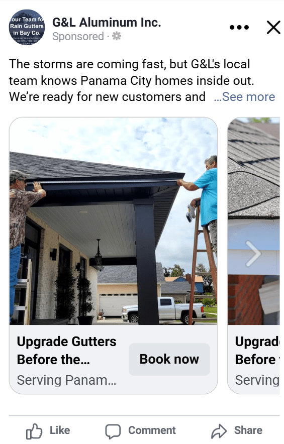 A facebook carousel ad for local gutter company