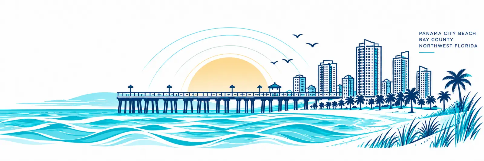 Panama City Beach pier, Gulf waves and skyline illustrated in coastal blue
