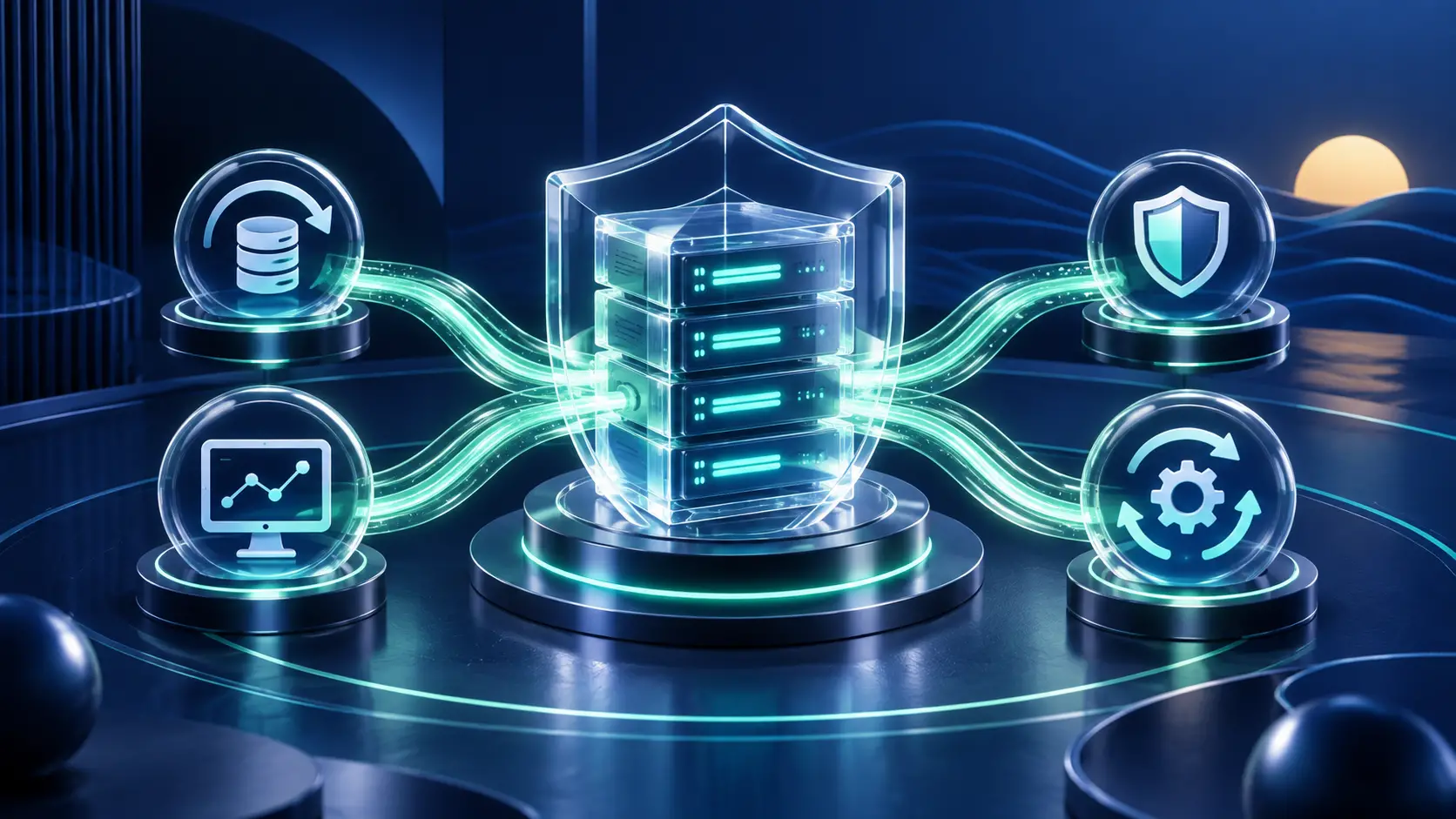 Protected managed hosting server connected to backup, security and performance monitoring