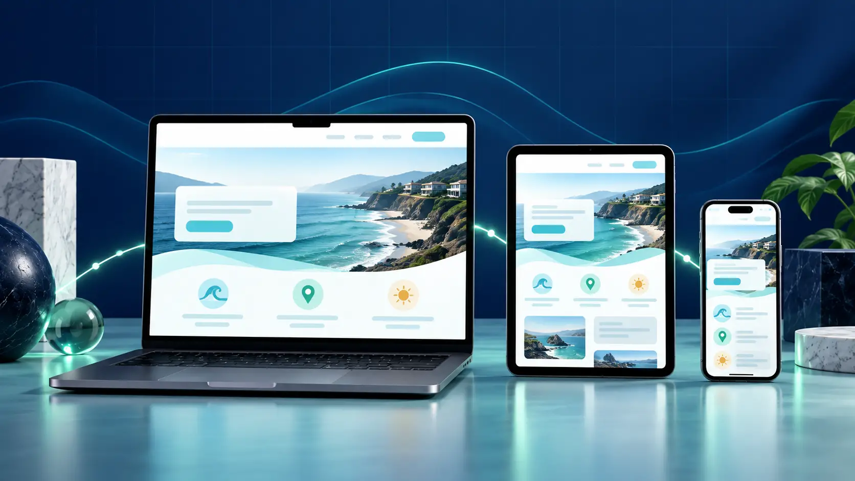 Responsive website design shown across laptop, tablet and mobile screens